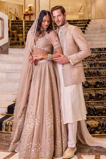 Buy Cedar & Pine Beige Silk, Net V-neck Vivaah Hand Embroidered Bridal Lehenga Set Buy_Cedar & Pine_Beige Silk, Net V-neck Vivaah Hand Embroidered Bridal Lehenga Set