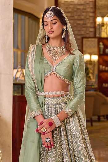 Cedar & Pine_Green Silk, Organza, Net Sweetheart Neck Nikah Embroidered Bridal Lehenga Set _Online_at_Aza_Fashions