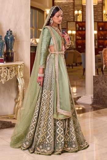 Shop_Cedar & Pine_Green Silk, Organza, Net Sweetheart Neck Nikah Embroidered Bridal Lehenga Set _Online_at_Aza_Fashions