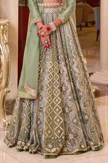 Cedar & Pine_Green Silk, Organza, Net Sweetheart Neck Nikah Embroidered Bridal Lehenga Set _at_Aza_Fashions