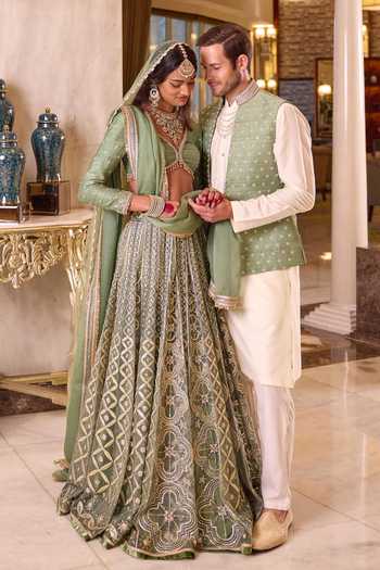 Buy_Cedar & Pine_Green Silk, Organza, Net Sweetheart Neck Nikah Embroidered Bridal Lehenga Set 