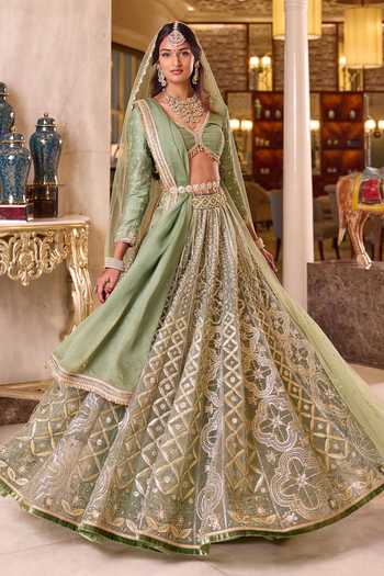 Shop_Cedar & Pine_Green Silk, Organza, Net Sweetheart Neck Nikah Embroidered Bridal Lehenga Set 