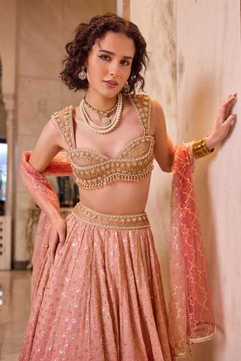 Cedar & Pine_Pink Organza, Net Sweetheart Neck Gulaabi Sequin Embroidered Lehenga Set _Online_at_Aza_Fashions