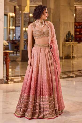 Buy_Cedar & Pine_Pink Organza, Net Sweetheart Neck Gulaabi Sequin Embroidered Lehenga Set _Online_at_Aza_Fashions
