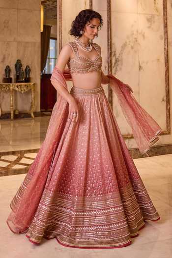 Cedar & Pine_Pink Organza, Net Sweetheart Neck Gulaabi Sequin Embroidered Lehenga Set _at_Aza_Fashions