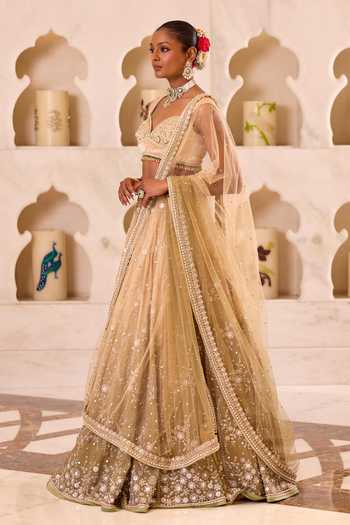 Cedar & Pine_Green Organza, Net, Velvet Sweetheart Neck Dhaani Hand Embroidered Lehenga Set _Online_at_Aza_Fashions