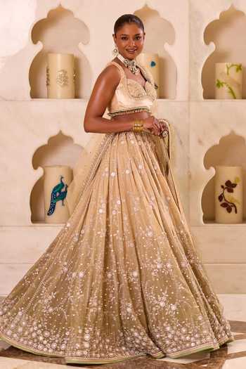 Shop_Cedar & Pine_Green Organza, Net, Velvet Sweetheart Neck Dhaani Hand Embroidered Lehenga Set _Online_at_Aza_Fashions