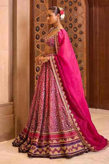 Cedar & Pine_Pink Organza, Net, Dupion V-neck Mayra Zari Embroidered Lehenga Set _Online_at_Aza_Fashions