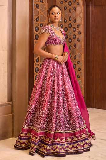 Buy_Cedar & Pine_Pink Organza, Net, Dupion V-neck Mayra Zari Embroidered Lehenga Set _Online_at_Aza_Fashions
