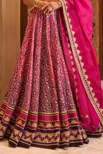 Shop_Cedar & Pine_Pink Organza, Net, Dupion V-neck Mayra Zari Embroidered Lehenga Set _Online_at_Aza_Fashions