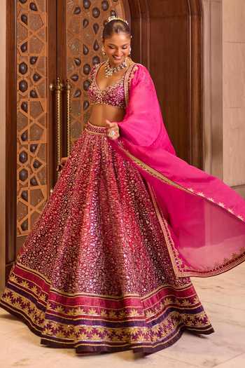 Cedar & Pine_Pink Organza, Net, Dupion V-neck Mayra Zari Embroidered Lehenga Set _at_Aza_Fashions