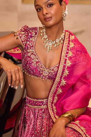 Buy_Cedar & Pine_Pink Organza, Net, Dupion V-neck Mayra Zari Embroidered Lehenga Set 