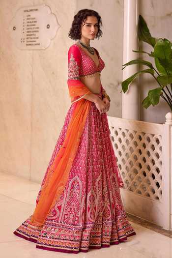 Cedar & Pine_Pink Silk, Organza, Tulle V-neck Gulal Colorblock Embroidered Lehenga Set _Online_at_Aza_Fashions