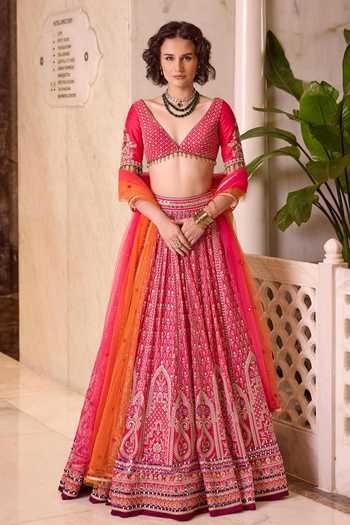 Cedar & Pine Gulal Colorblock Embroidered Lehenga Set