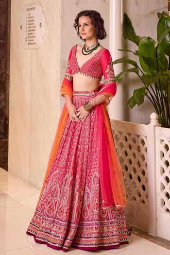 Buy_Cedar & Pine_Pink Silk, Organza, Tulle V-neck Gulal Colorblock Embroidered Lehenga Set _Online_at_Aza_Fashions