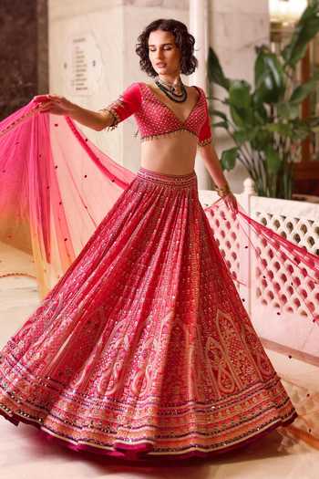 Shop_Cedar & Pine_Pink Silk, Organza, Tulle V-neck Gulal Colorblock Embroidered Lehenga Set _Online_at_Aza_Fashions