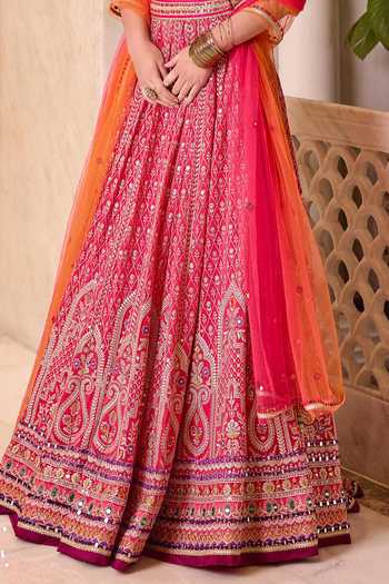 Cedar & Pine_Pink Silk, Organza, Tulle V-neck Gulal Colorblock Embroidered Lehenga Set _at_Aza_Fashions