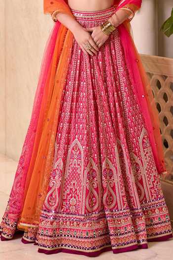Buy_Cedar & Pine_Pink Silk, Organza, Tulle V-neck Gulal Colorblock Embroidered Lehenga Set 