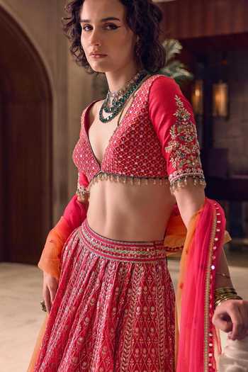 Shop_Cedar & Pine_Pink Silk, Organza, Tulle V-neck Gulal Colorblock Embroidered Lehenga Set 