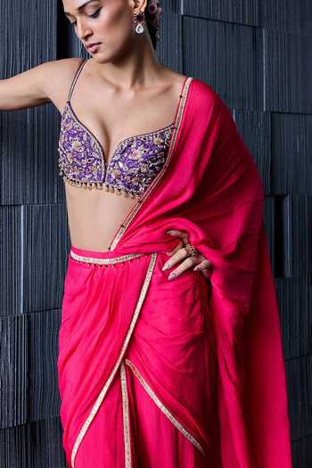 Cedar & Pine_Pink Silk Sweetheart Neck Barfi Pre-draped Saree With Embroidered Bustier _Online_at_Aza_Fashions