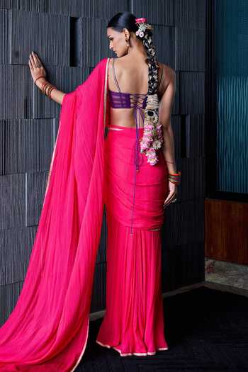 Cedar & Pine Barfi Pre-Draped Saree With Embroidered Bustier