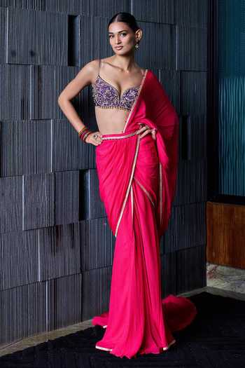 Cedar & Pine Barfi Pre-Draped Saree With Embroidered Bustier