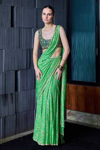 Cedar & Pine Leyla Printed Pre-Draped Saree With Blouse