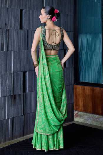 Cedar & Pine Leyla Printed Pre-Draped Saree With Blouse