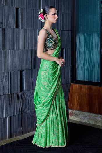 Cedar & Pine_Green Silk, Chinon Scoop Neck Leyla Printed Pre-draped Saree With Blouse _Online_at_Aza_Fashions