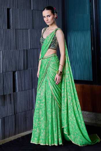 Buy_Cedar & Pine_Green Silk, Chinon Scoop Neck Leyla Printed Pre-draped Saree With Blouse _Online_at_Aza_Fashions