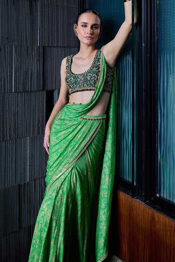Shop_Cedar & Pine_Green Silk, Chinon Scoop Neck Leyla Printed Pre-draped Saree With Blouse _Online_at_Aza_Fashions