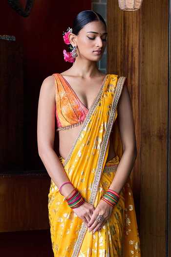 Cedar & Pine_Yellow Silk V-neck Toran Printed Saree And Blouse Set _Online_at_Aza_Fashions