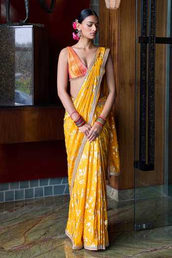 Cedar & Pine_Yellow Silk V-neck Toran Printed Saree And Blouse Set _at_Aza_Fashions