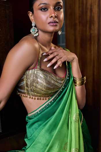 Cedar & Pine_Green Silk Sweetheart Neck Bindia Gold Foil Print Saree With Blouse _Online_at_Aza_Fashions