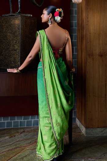 Cedar & Pine Bindia Gold Foil Print Saree With Blouse