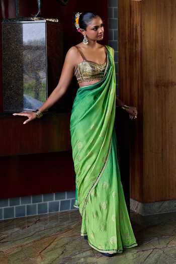 Buy_Cedar & Pine_Green Silk Sweetheart Neck Bindia Gold Foil Print Saree With Blouse _Online_at_Aza_Fashions