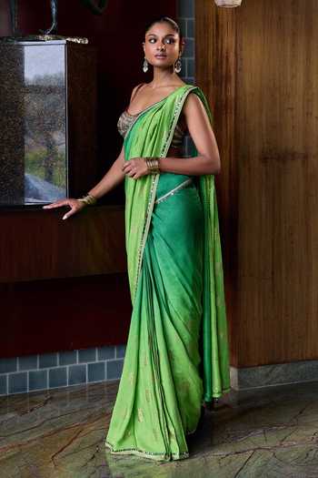 Shop_Cedar & Pine_Green Silk Sweetheart Neck Bindia Gold Foil Print Saree With Blouse _Online_at_Aza_Fashions