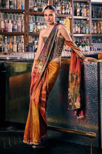Buy_Cedar & Pine_Multi Color Tissue Saiyaara Floral Print Saree _Online_at_Aza_Fashions