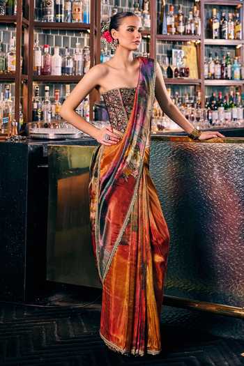 Shop_Cedar & Pine_Multi Color Tissue Saiyaara Floral Print Saree _Online_at_Aza_Fashions