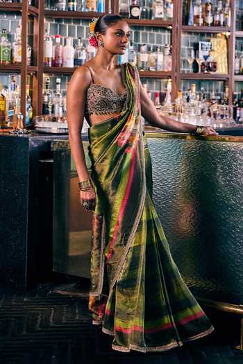 Buy_Cedar & Pine_Green Tissue Saawan Floral Print Saree _Online_at_Aza_Fashions