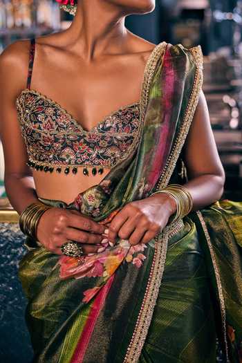 Shop_Cedar & Pine_Green Tissue Saawan Floral Print Saree _Online_at_Aza_Fashions