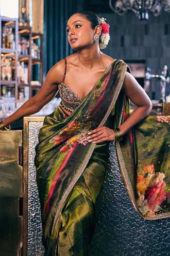 Cedar & Pine_Green Tissue Saawan Floral Print Saree _at_Aza_Fashions
