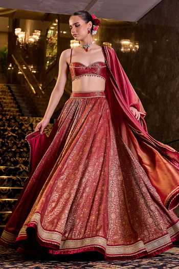 Shop Cedar & Pine Red Brocade, Tissue Sweetheart Neck Ranjhana Banarasi Woven Lehenga Set Online at Aza Fashions Shop_Cedar & Pine_Red Brocade, Tissue Sweetheart Neck Ranjhana Banarasi Woven Lehenga Set _Online_at_Aza_Fashions