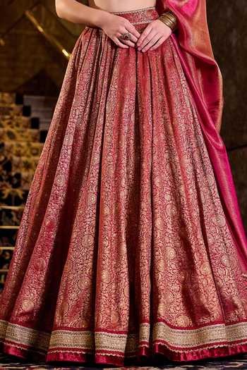 Cedar & Pine Red Brocade, Tissue Sweetheart Neck Ranjhana Banarasi Woven Lehenga Set at Aza Fashions Cedar & Pine_Red Brocade, Tissue Sweetheart Neck Ranjhana Banarasi Woven Lehenga Set _at_Aza_Fashions