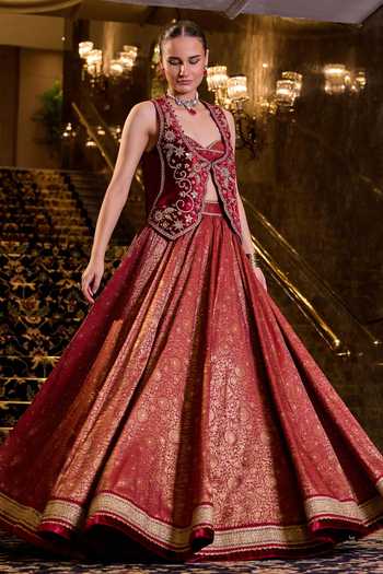 Cedar & Pine Red Brocade, Velvet Sweetheart , Round Embroidered Jacket Lehenga Set Online at Aza Fashions Cedar & Pine_Red Brocade, Velvet Sweetheart , Round Embroidered Jacket Lehenga Set _Online_at_Aza_Fashions