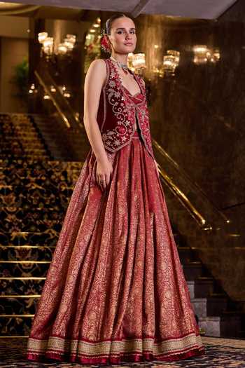 Buy Cedar & Pine Red Brocade, Velvet Sweetheart , Round Embroidered Jacket Lehenga Set Online at Aza Fashions Buy_Cedar & Pine_Red Brocade, Velvet Sweetheart , Round Embroidered Jacket Lehenga Set _Online_at_Aza_Fashions