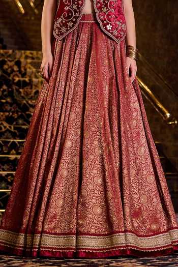 Shop Cedar & Pine Red Brocade, Velvet Sweetheart , Round Embroidered Jacket Lehenga Set Online at Aza Fashions Shop_Cedar & Pine_Red Brocade, Velvet Sweetheart , Round Embroidered Jacket Lehenga Set _Online_at_Aza_Fashions