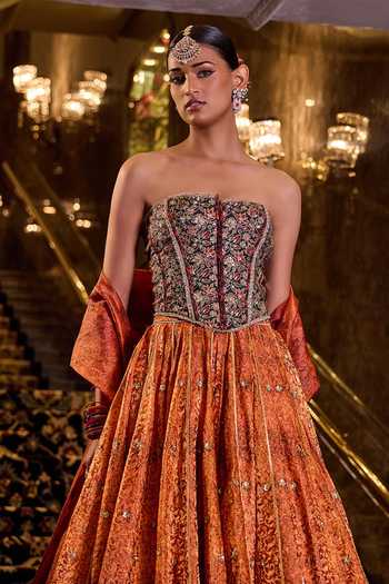 Cedar & Pine Orange Brocade Bandeau Neck Heer Woven Lehenga Set Online at Aza Fashions Cedar & Pine_Orange Brocade Bandeau Neck Heer Woven Lehenga Set _Online_at_Aza_Fashions