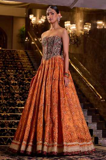Buy Cedar & Pine Orange Brocade Bandeau Neck Heer Woven Lehenga Set Online at Aza Fashions Buy_Cedar & Pine_Orange Brocade Bandeau Neck Heer Woven Lehenga Set _Online_at_Aza_Fashions