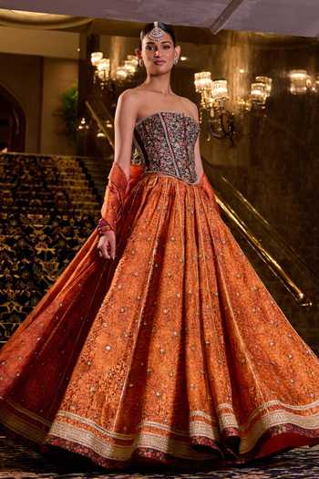 Cedar & Pine Orange Brocade Bandeau Neck Heer Woven Lehenga Set at Aza Fashions Cedar & Pine_Orange Brocade Bandeau Neck Heer Woven Lehenga Set _at_Aza_Fashions